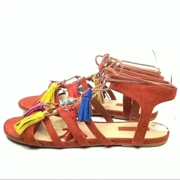 Forever 21 sandals size 8 39 burnt Orange faux suede tassel pom poms gladiator - Picture 5 of 13